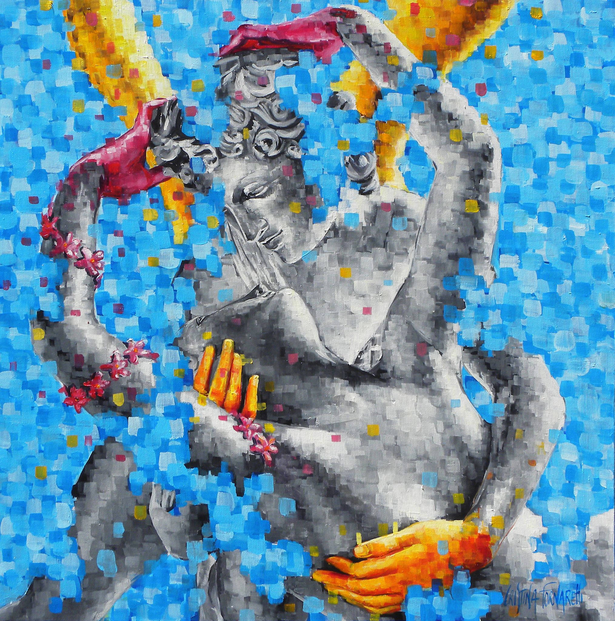 OLIO SU TELA  CRISTINA  FORNARELLI ' L 'ABBRACCIO DIVINO '  dimensioni L 80 x H 80 cm.