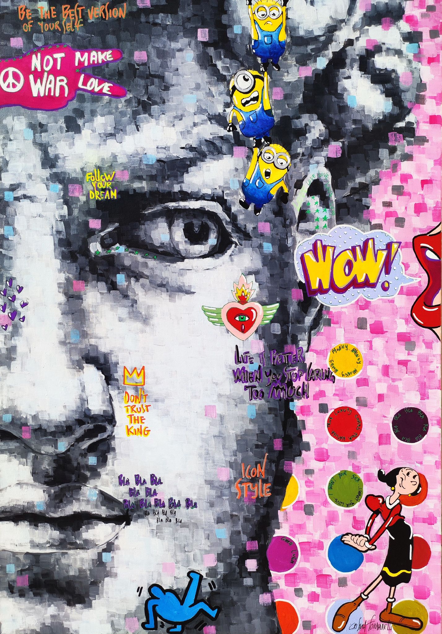 MIXED MEDIA SU TELA  CRISTINA  FORNARELLI ' WOW  '  dimensioni L 70 x H 100 cm.