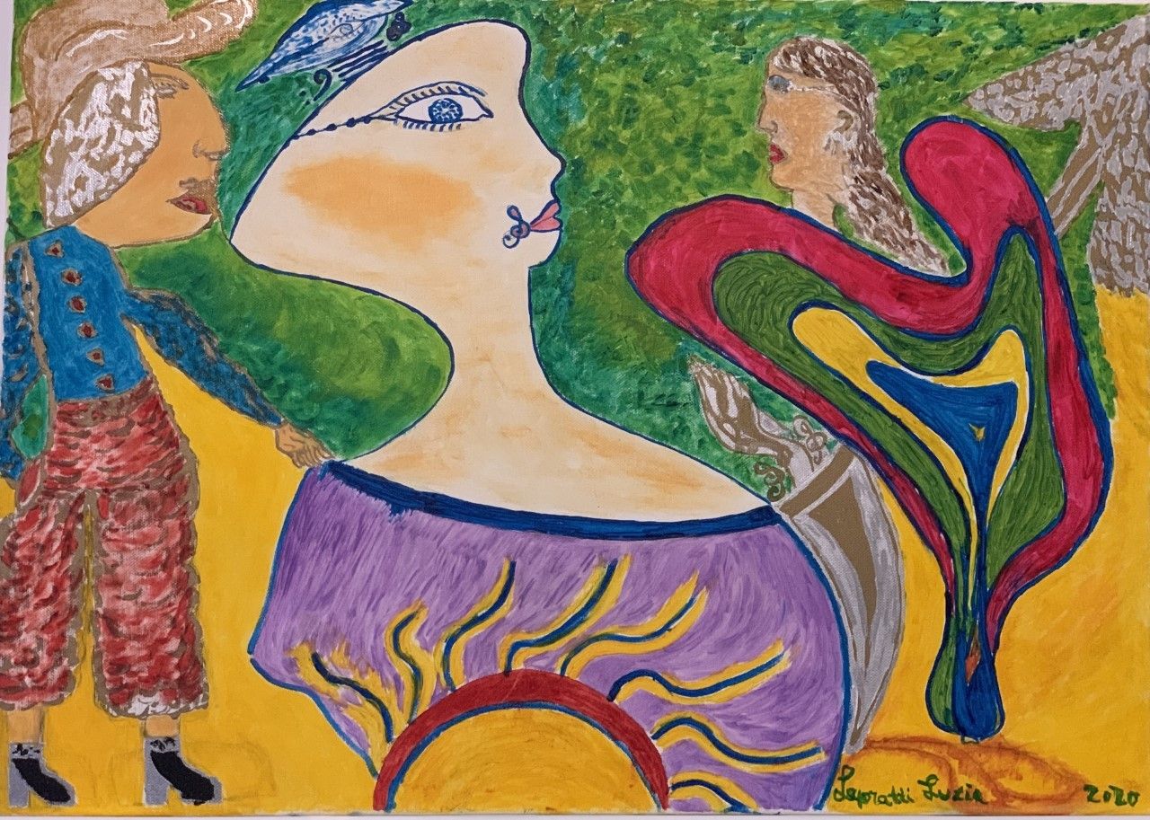 OLIO SU TELA  LUCIA  LEPORATTI ' IL CAVALIERE LA DAMA E L 'AMICA  '  dimensioni L 70 x H 50 cm.