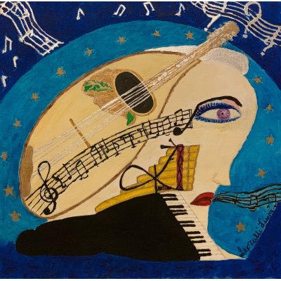 OLIO SU TELA LUCIA LEPORATTI ' LA DEA DELLA MUSICA ' dimensioni L 40 x H 40 cm.