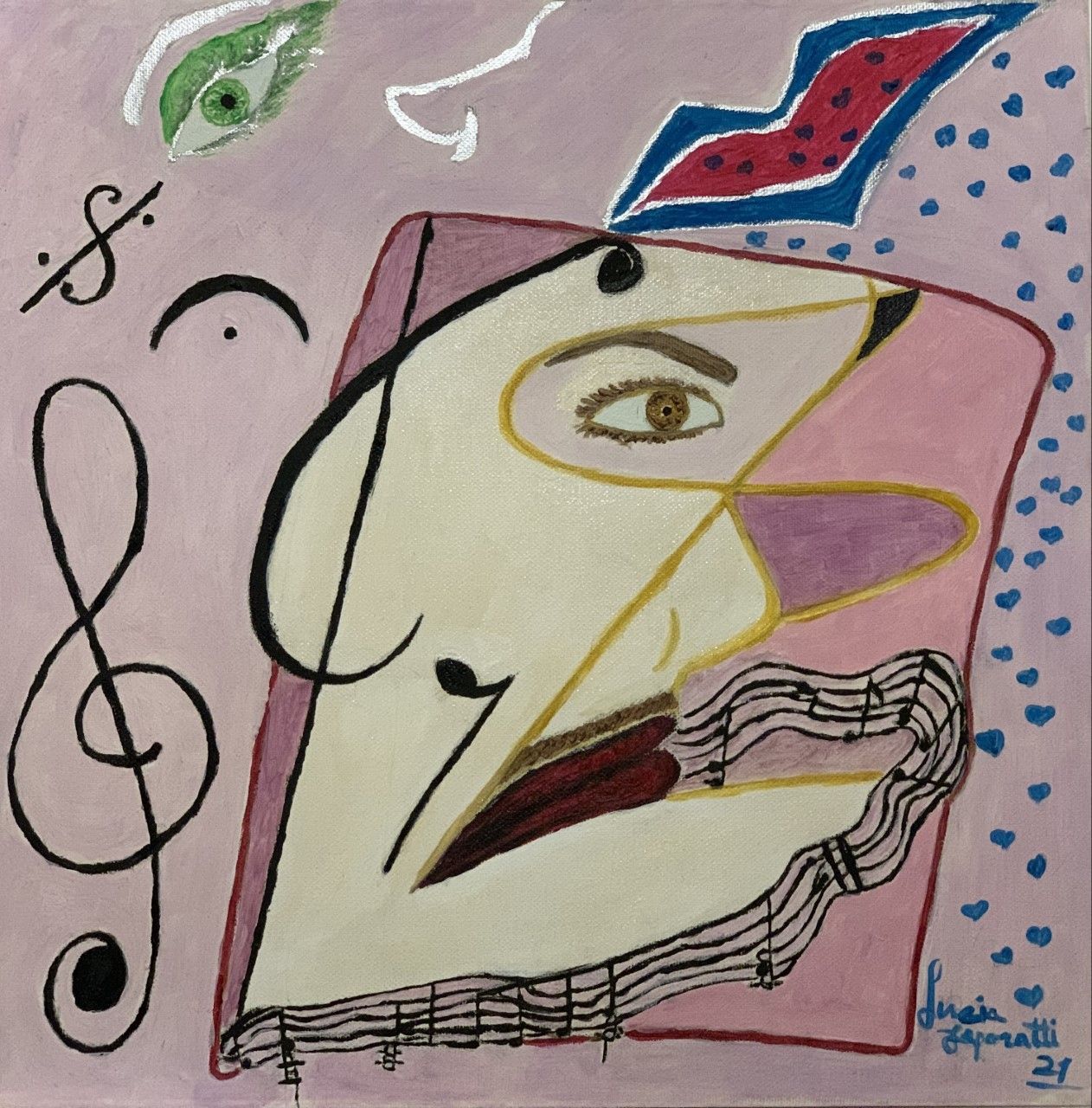 OLIO SU TELA LUCIA  LEPORATTI ' L 'UOMO CHE PARLO' ALLA MUSICA CON LE NOTE DI JE T 'AIME '  dimensioni L 40 x H 40 cm.