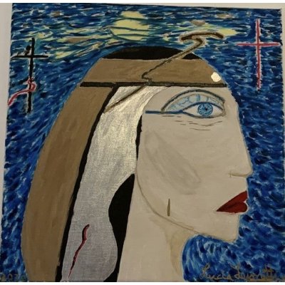 OLIO SU TELA LUCIA LEPORATTI ' L 'EGIZIANA DALLA LACRIMA DORATA ' dimensioni L 40 x H 40 cm.