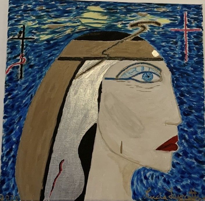 OLIO SU TELA LUCIA  LEPORATTI ' L 'EGIZIANA DALLA LACRIMA DORATA '  dimensioni L 40 x H 40 cm.