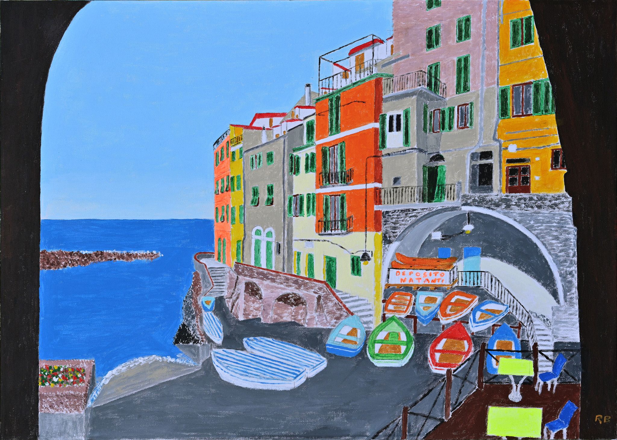 ACRILICO SU TELA  RENZO  BATTACCHI ' PORTICCIOLO LIGURE '  dimensioni L 70 x H 50 cm.