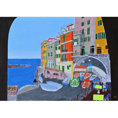 ACRILICO SU TELA RENZO BATTACCHI ' PORTICCIOLO LIGURE ' dimensioni L 70 x H 50 cm.