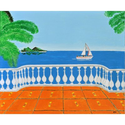 ACRILICO SU TELA RENZO BATTACCHI ' SUL MARE BLU ' dimensioni L 60 x H 50 cm.