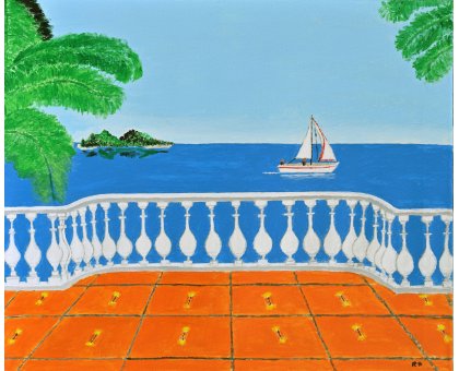 ACRILICO SU TELA RENZO BATTACCHI ' SUL MARE BLU ' dimensioni L 60 x H 50 cm.