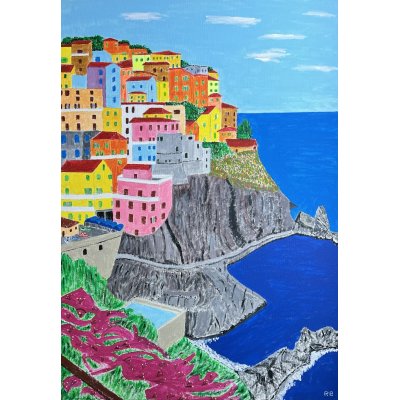 ACRILICO SU TELA RENZO BATTACCHI ' TRA CIELO E MARE ' dimensioni L 50 x H 70 cm.