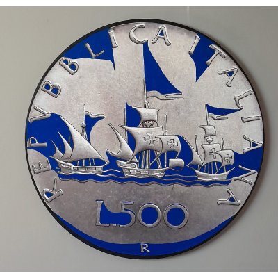 SMALTI SU TELA YURI OLEGOVIC ' 500 LIRE BLU ' dimensioni - diametro 80 cm.