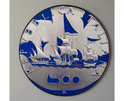 SMALTI SU TELA YURI OLEGOVIC ' 500 LIRE BLU ' dimensioni - diametro 80 cm.