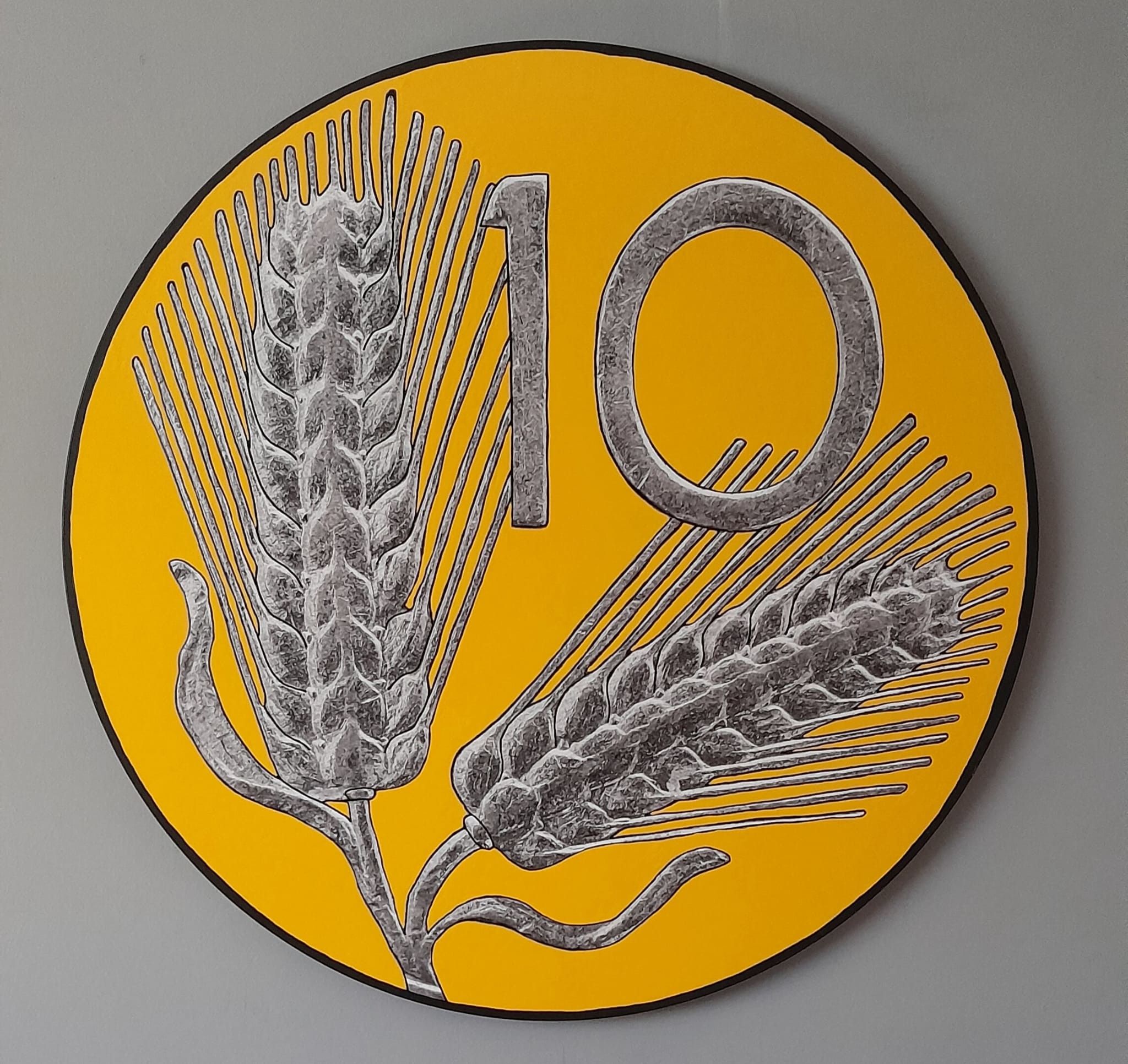SMALTI SU TELA YURI  OLEGOVIC ' 10 LIRE GIALLE '  dimensioni - diametro 80 cm.