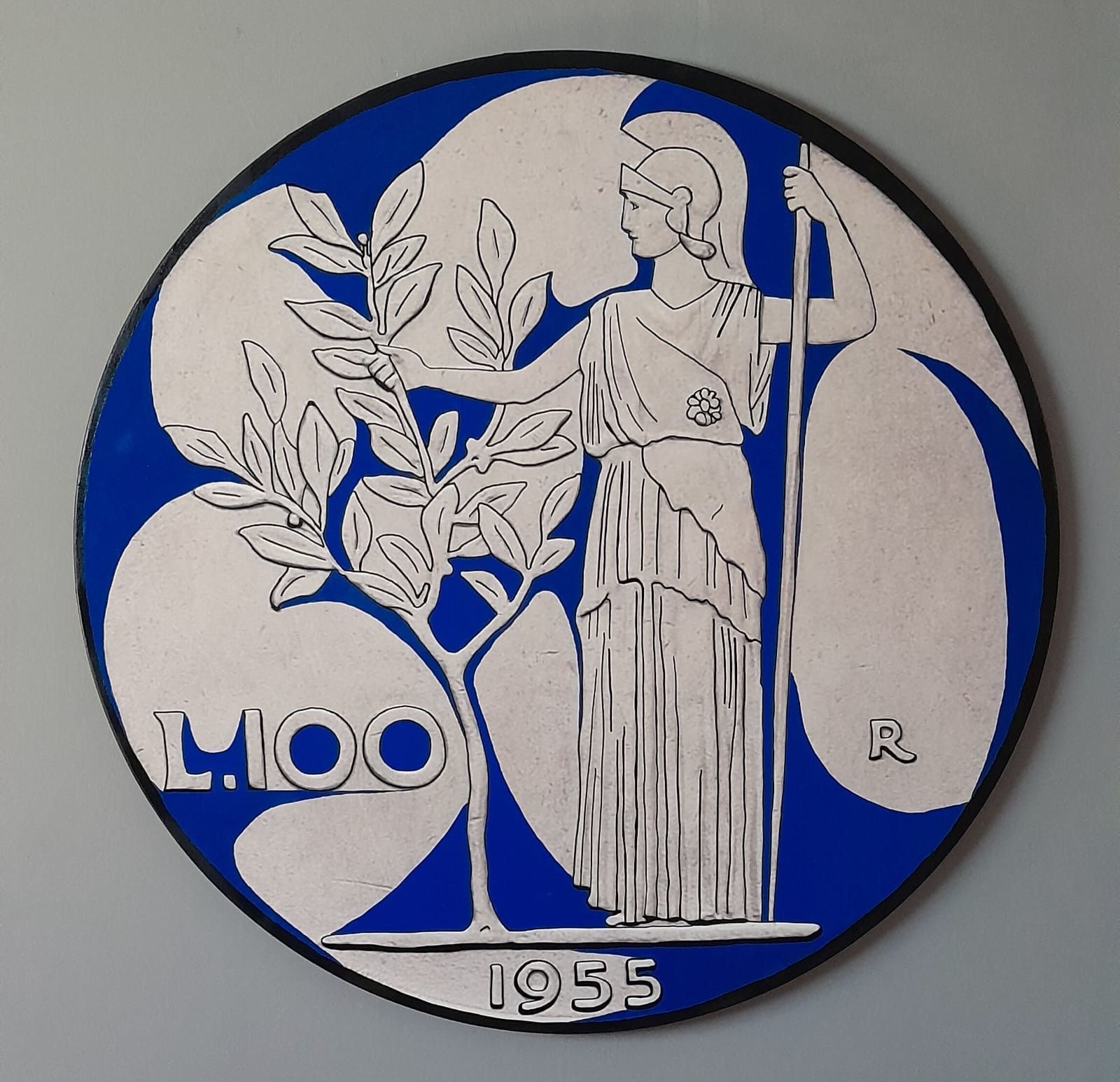 SMALTI SU TELA  YURI  OLEGOVIC '  100  LIRE  BLU  '  dimensioni  -  diametro  100 cm.