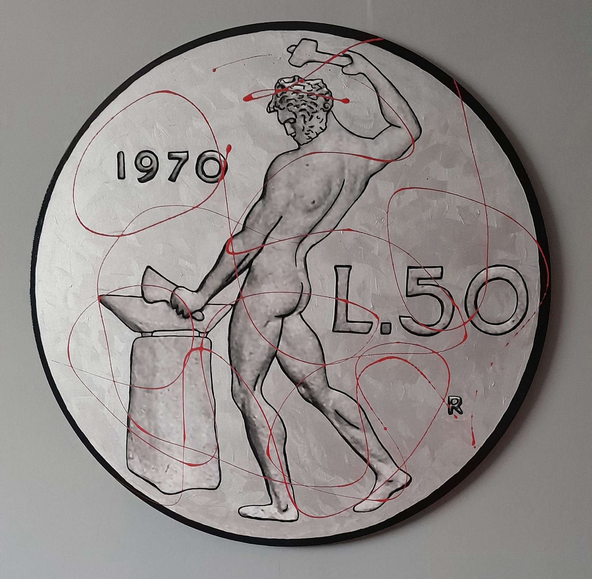 SMALTI SU TELA  YURI  OLEGOVIC ' 50  LIRE  ARGENTO '  dimensioni -  diametro  80 cm.