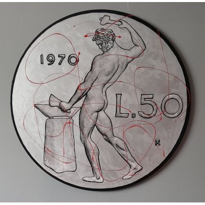 SMALTI SU TELA YURI OLEGOVIC ' 50 LIRE ARGENTO ' dimensioni - diametro 80 cm.
