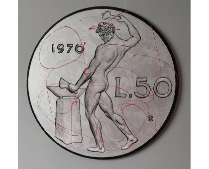SMALTI SU TELA YURI OLEGOVIC ' 50 LIRE ARGENTO ' dimensioni - diametro 80 cm.