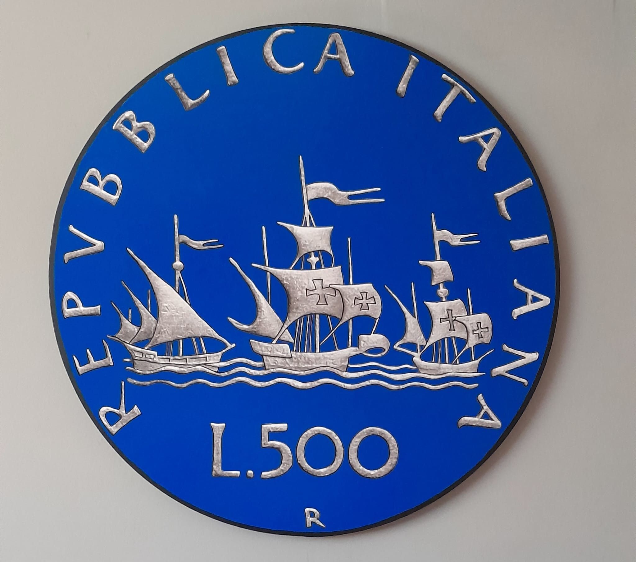 SMALTI SU TELA  YURI  OLEGOVIC '  500  LIRE  BLU 1 '  dimensioni -  diametro  80 cm.