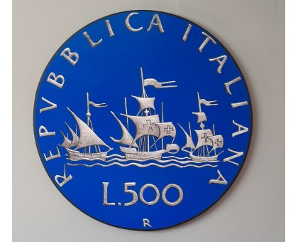 SMALTI SU TELA YURI OLEGOVIC ' 500 LIRE BLU 1 ' dimensioni - diametro 80 cm.