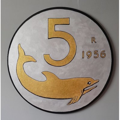 SMALTI SU TELA YURI OLEGOVIC ' 5 LIRE ARGENTO E ORO ' dimensioni - diametro 80 cm.