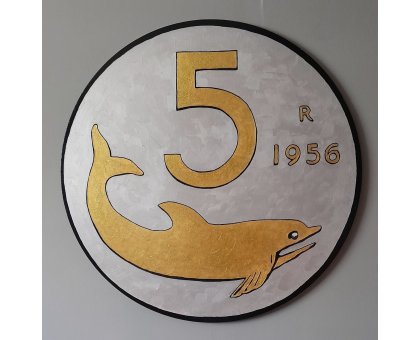 SMALTI SU TELA YURI OLEGOVIC ' 5 LIRE ARGENTO E ORO ' dimensioni - diametro 80 cm.