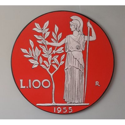 SMALTI SU TELA YURI OLEGOVIC ' 100 LIRE ROSSO ' dimensioni - diametro 80 cm.