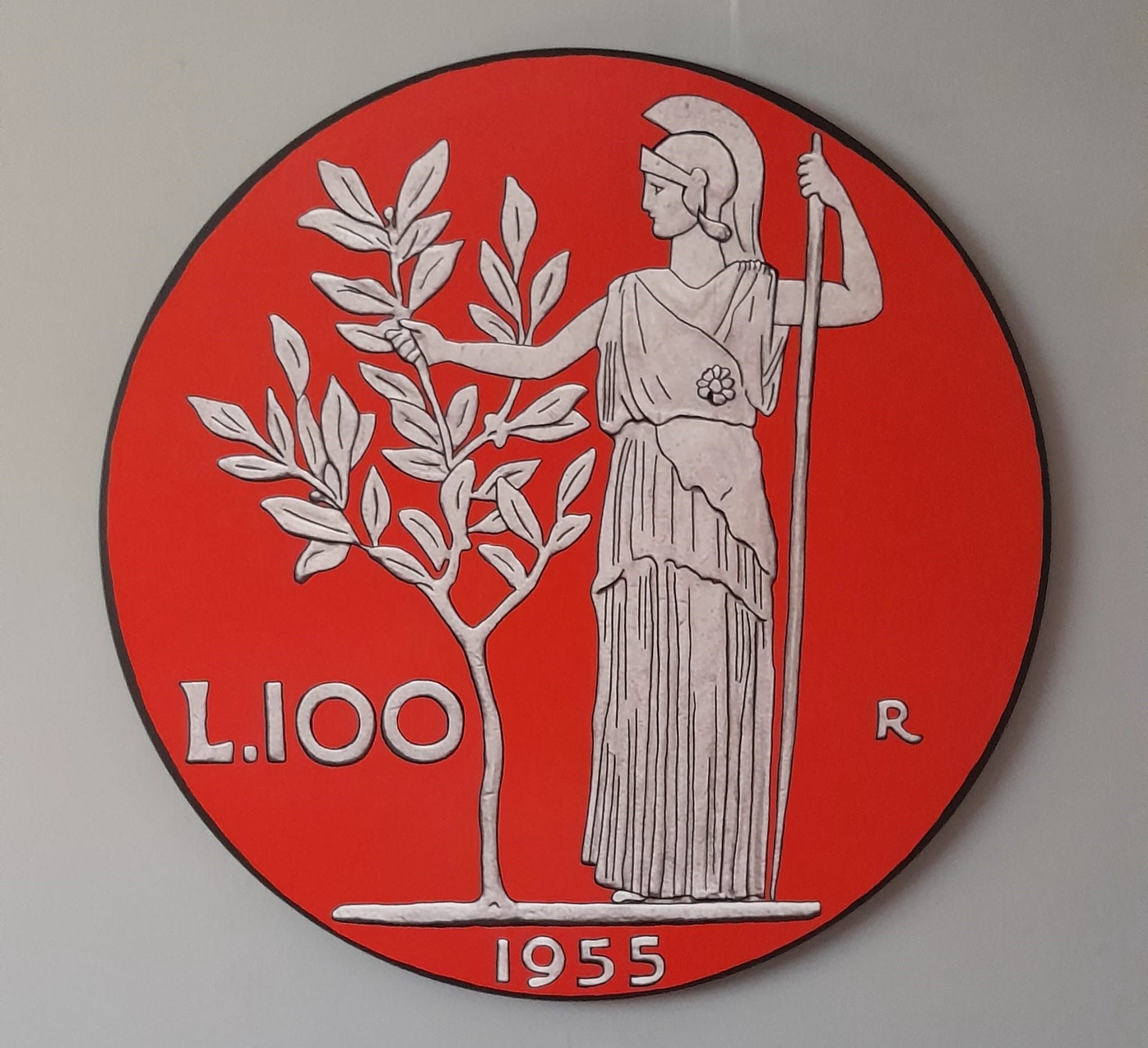 SMALTI SU TELA  YURI  OLEGOVIC '  100  LIRE  ROSSO  '  dimensioni  -  diametro  80 cm.