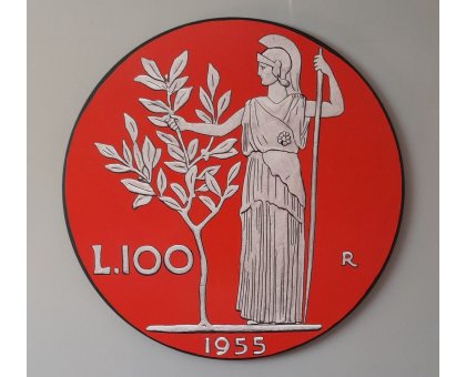 SMALTI SU TELA YURI OLEGOVIC ' 100 LIRE ROSSO ' dimensioni - diametro 80 cm.