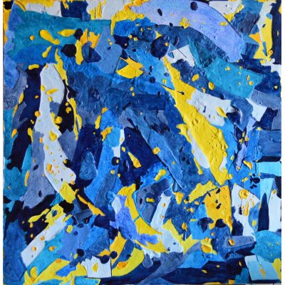 MIXED MEDIA SU TELA RICCARDO VELLUTO ' MONOCROMATISMO BLU CON GIALLO FREEDOM FOR UCRAINA ' dimensioni L 80 x H 80 cm.