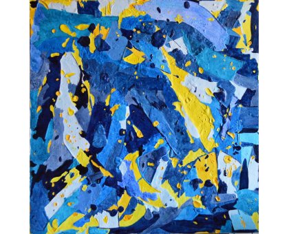MIXED MEDIA SU TELA RICCARDO VELLUTO ' MONOCROMATISMO BLU CON GIALLO FREEDOM FOR UCRAINA ' dimensioni L 80 x H 80 cm.