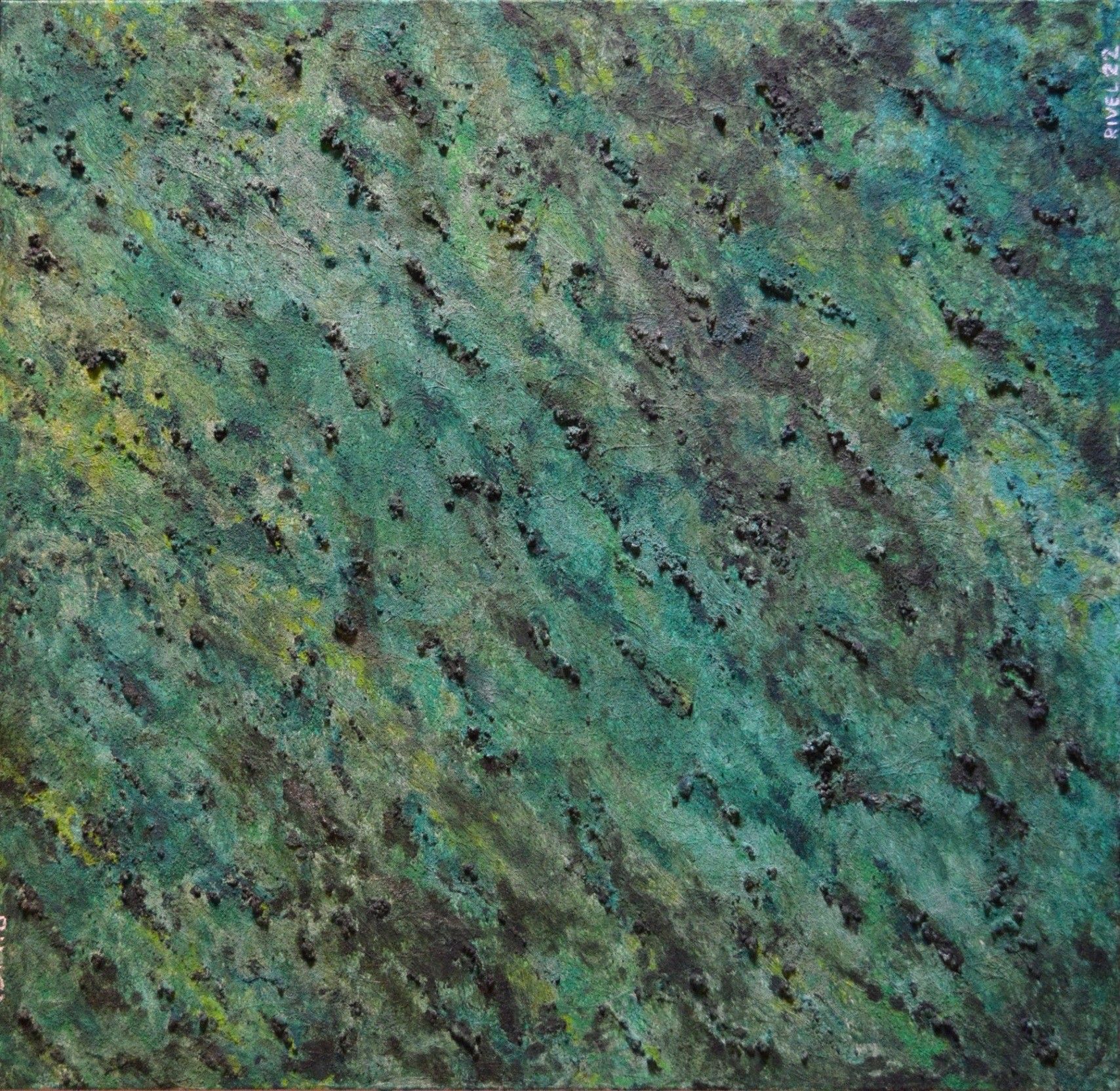 MIXED MEDIA SU TELA  RICCARDO VELLUTO ' MONOCROMIA IN VERDE  '  dimensioni L 80 x H 90 cm.