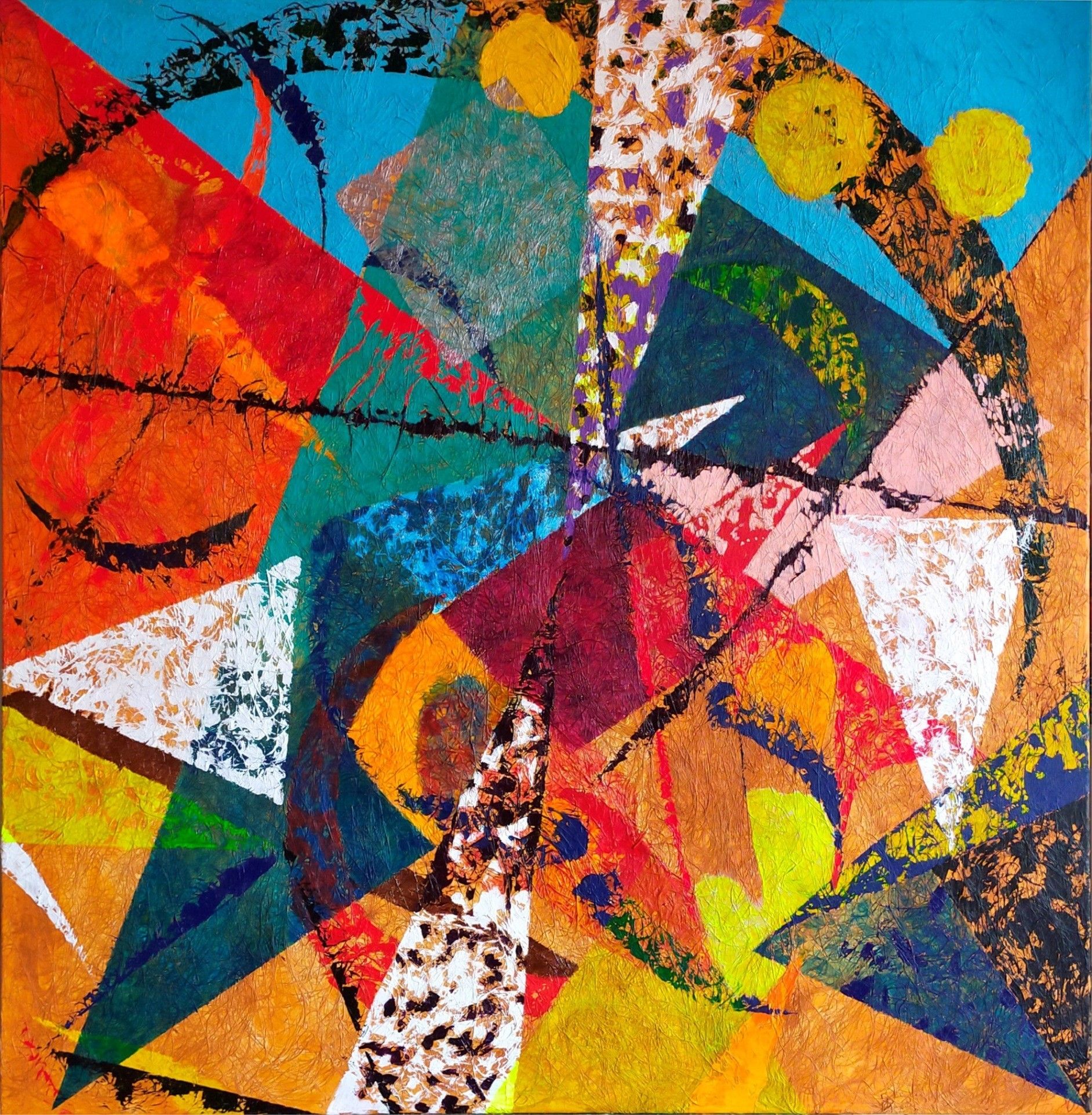 MIXED MEDIA SU TELA  RICCARDO VELLUTO ' TRIANGOLI E LUNE '  dimensioni L 80 x H 80 cm.