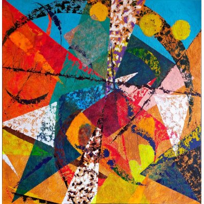 MIXED MEDIA SU TELA RICCARDO VELLUTO ' TRIANGOLI E LUNE ' dimensioni L 80 x H 80 cm.