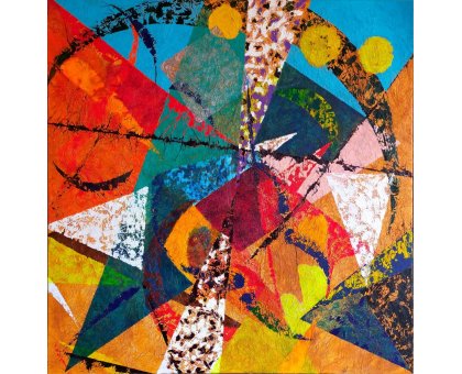 MIXED MEDIA SU TELA RICCARDO VELLUTO ' TRIANGOLI E LUNE ' dimensioni L 80 x H 80 cm.