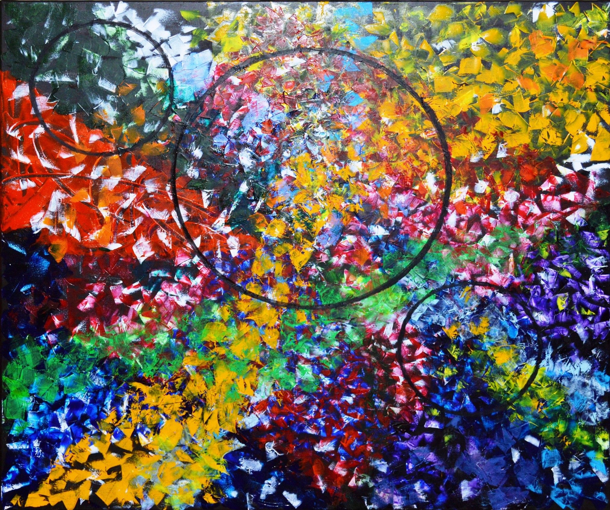 MIXED MEDIA SU TELA  RICCARDO VELLUTO ' 3 CERCHI NERI NEL CAOS DEI COLORI '  dimensioni L 80 x H 90 cm.