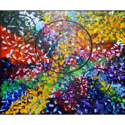 MIXED MEDIA SU TELA RICCARDO VELLUTO ' 3 CERCHI NERI NEL CAOS DEI COLORI ' dimensioni L 80 x H 90 cm.