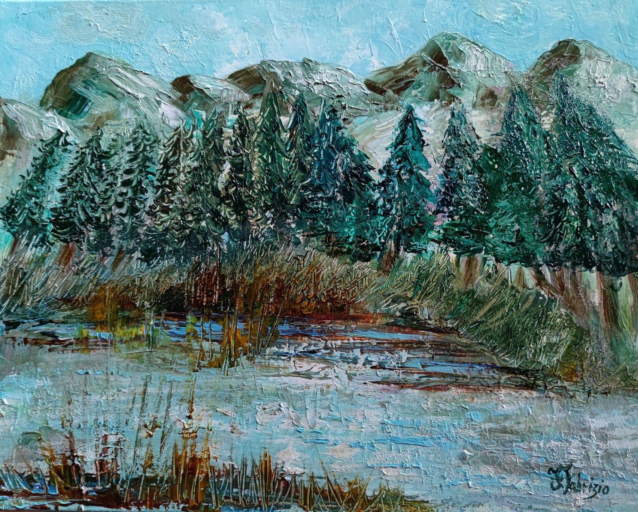 OLIO SU TELA  FRANCA FABRIZIO ' SOGNO VERDE: IMMERSIONE MEDITATIVA '  dimensioni L  50 x H 40 cm.