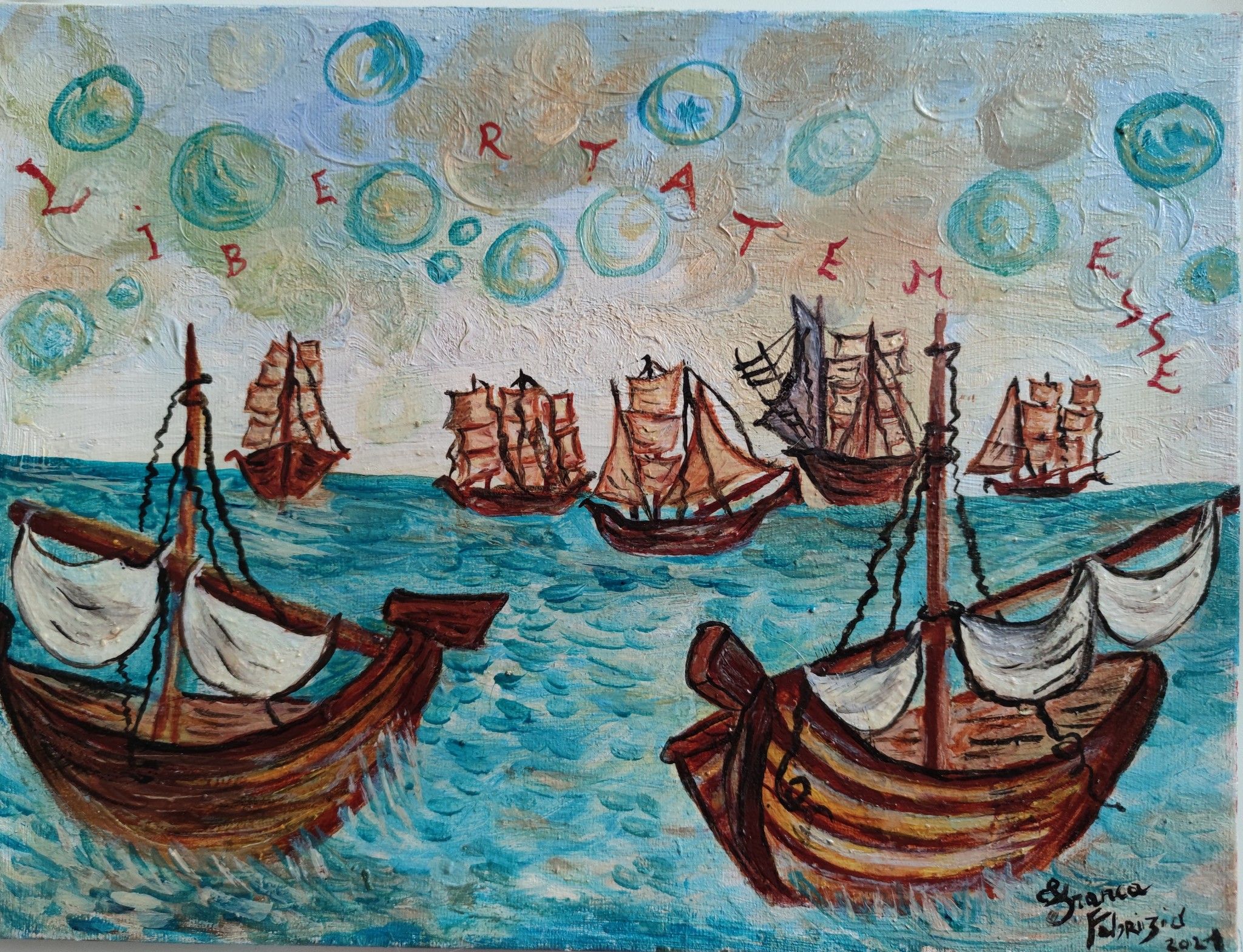 OLIO SU TELA  FRANCA FABRIZIO ' LIBERTATEM ESSE  '  dimensioni L 40 x H 30 cm.
