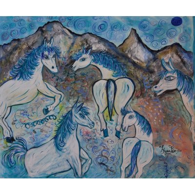 OLIO SU TELA FRANCA FABRIZIO ' CAVALLINI BLU DI UNA DIMENSIONE PARALLELA ' dimensioni L 105 x H 85 cm.