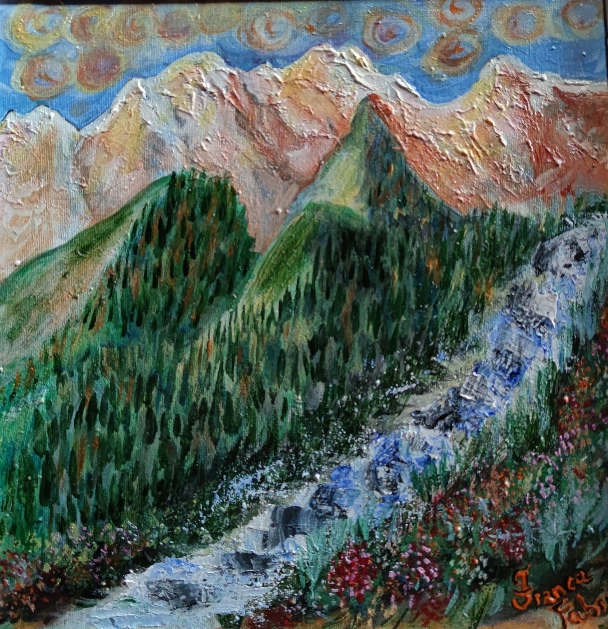 OLIO SU TELA FRANCA FABRIZIO ' FRESCHEZZA MONTANA '  dimensioni L 40 x H 40 cm.