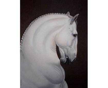 OLIO SU TELA SONIA FIACCHINI ' CAVALLO DEGLI SCACCHI ' dimensioni L 70 x H 90 cm.