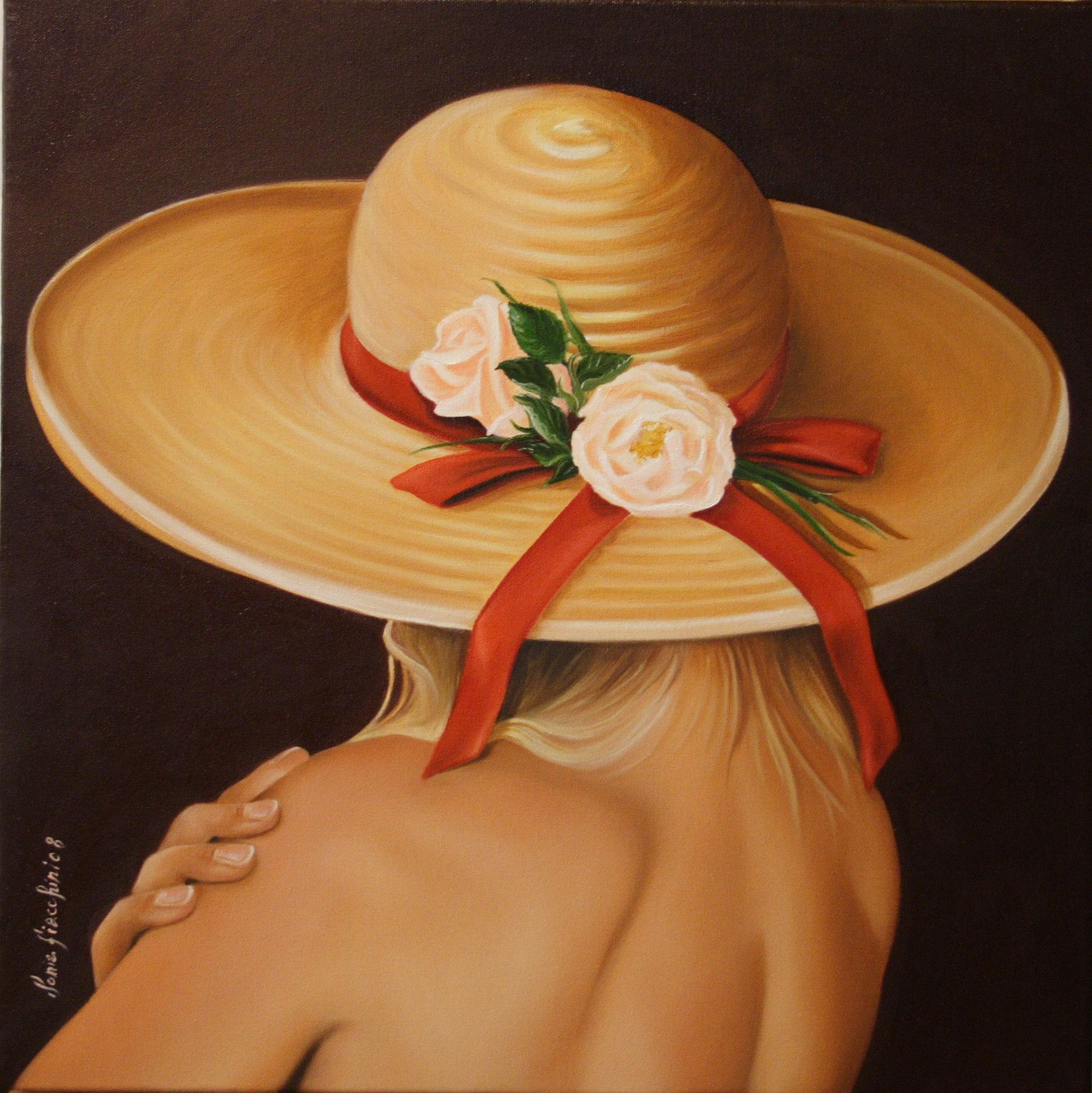 OLIO SU TELA  SONIA  FIACCHINI ' FIOCCO ROSSO '  dimensioni L 50 x H  50 cm.