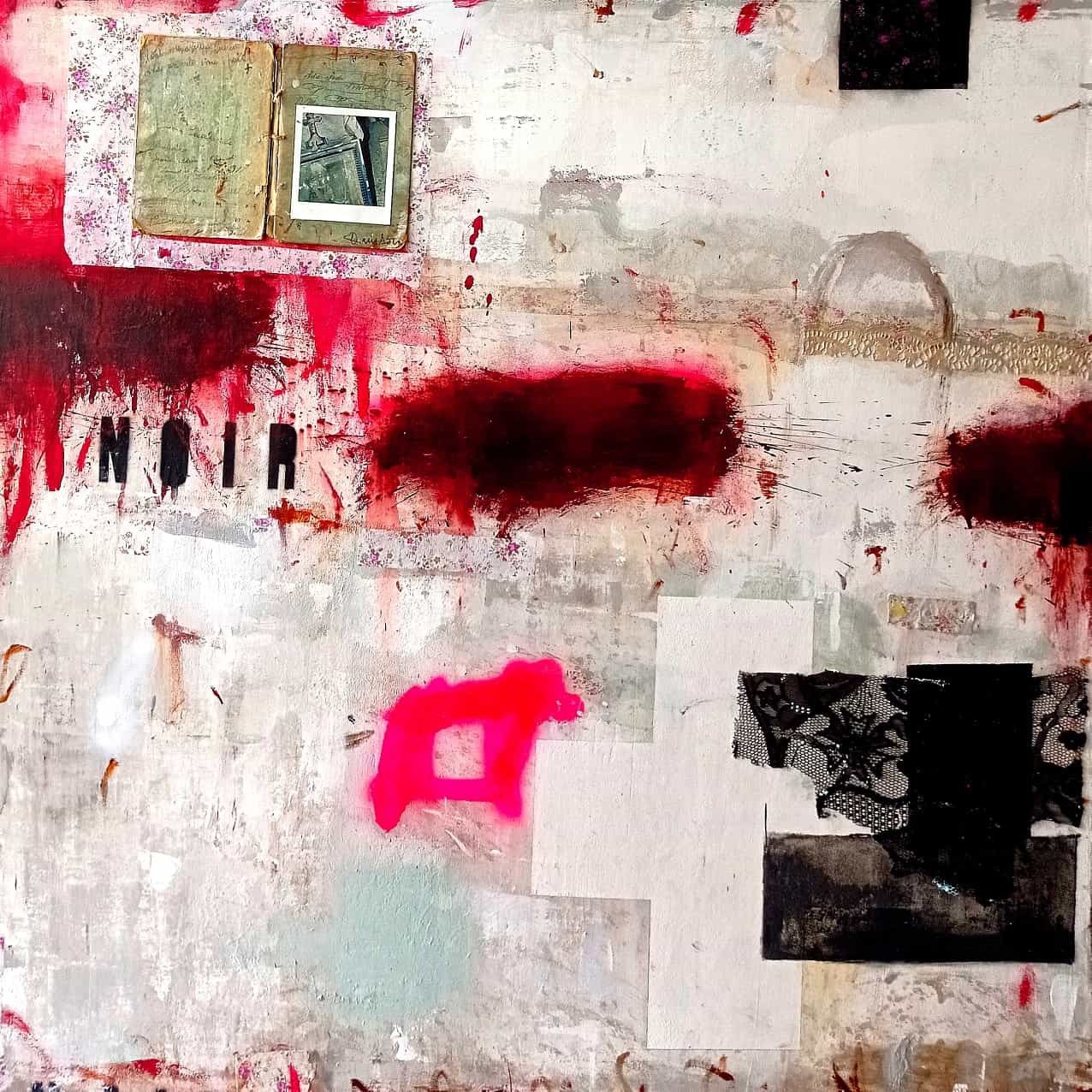 MIXED MEDIA SU TELA  MELISSA  DAMSON ' FILM  NOIR  1  '  dimensioni L 100  x H 100 cm.