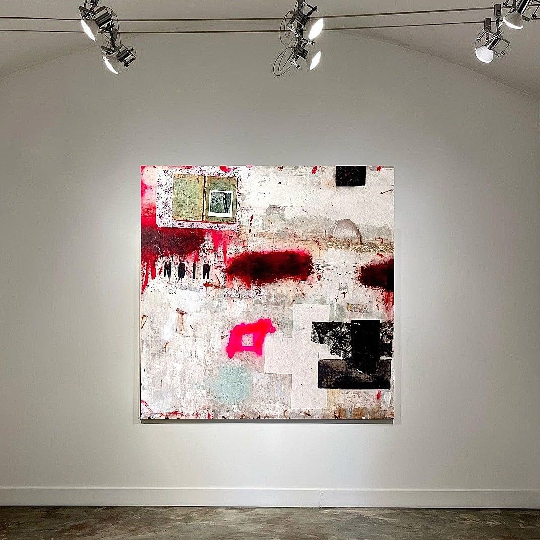 MIXED MEDIA SU TELA  MELISSA  DAMSON ' FILM  NOIR  1  '  dimensioni L 100  x H 100 cm.