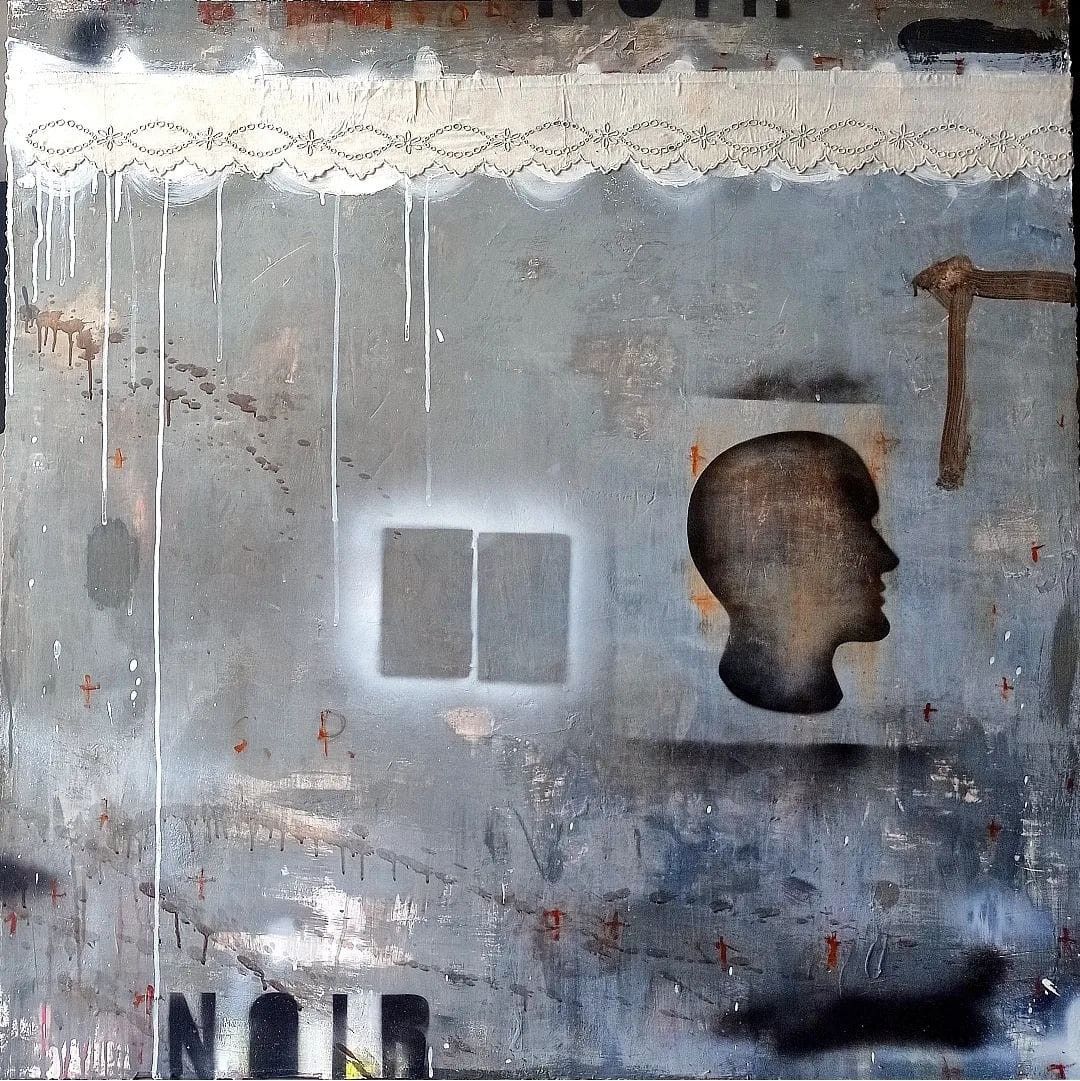 MIXED MEDIA SU TELA  MELISSA  DAMSON ' THE POET  '  dimensioni L 100 x H 100 cm.