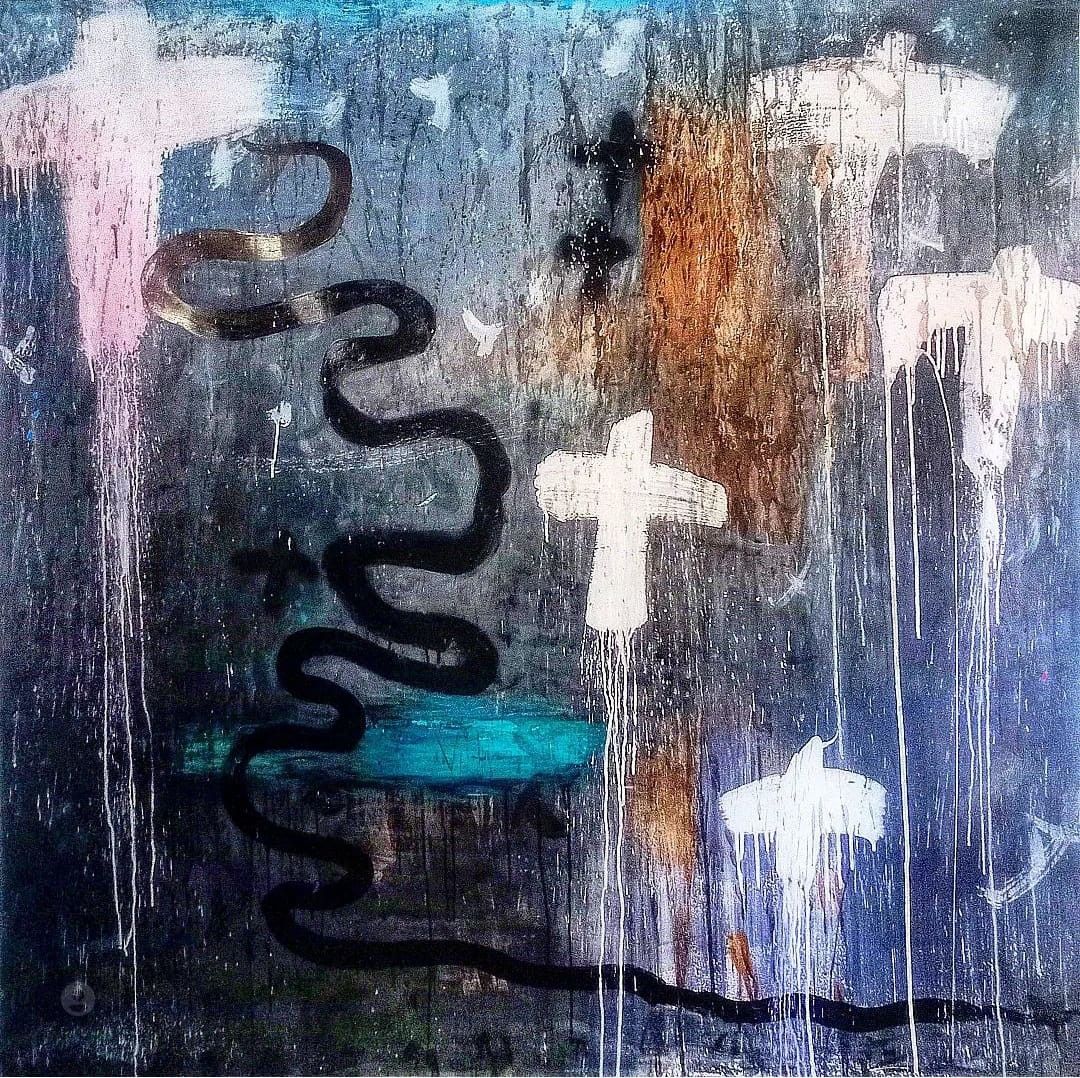 MIXED MEDIA  SU PVC  MELISSA  DAMSON ' THE COCKATOO AND THE BLACK SNAKE '  dimensioni L 150 x H 150 cm.