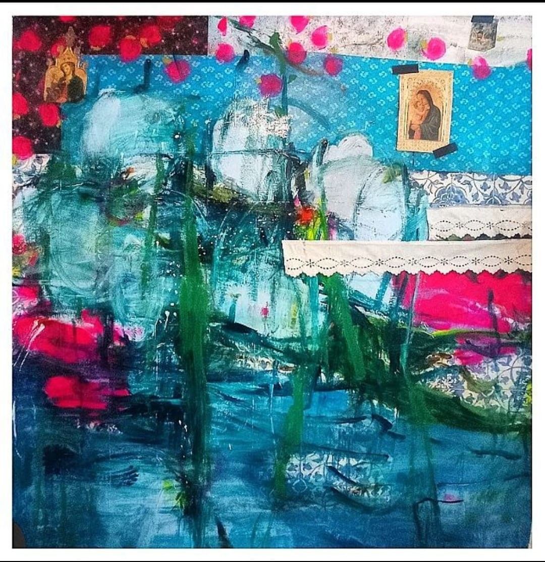 MIXED MEDIA SU TELA MELISSA  DAMSON ' THE WATERHOLE - FROM THE DREAMTIME SERIES  '  dimensioni L 150 x H 150 cm.