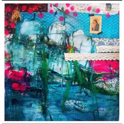 MIXED MEDIA SU TELA MELISSA DAMSON ' THE WATERHOLE - FROM THE DREAMTIME SERIES ' dimensioni L 150 x H 150 cm.