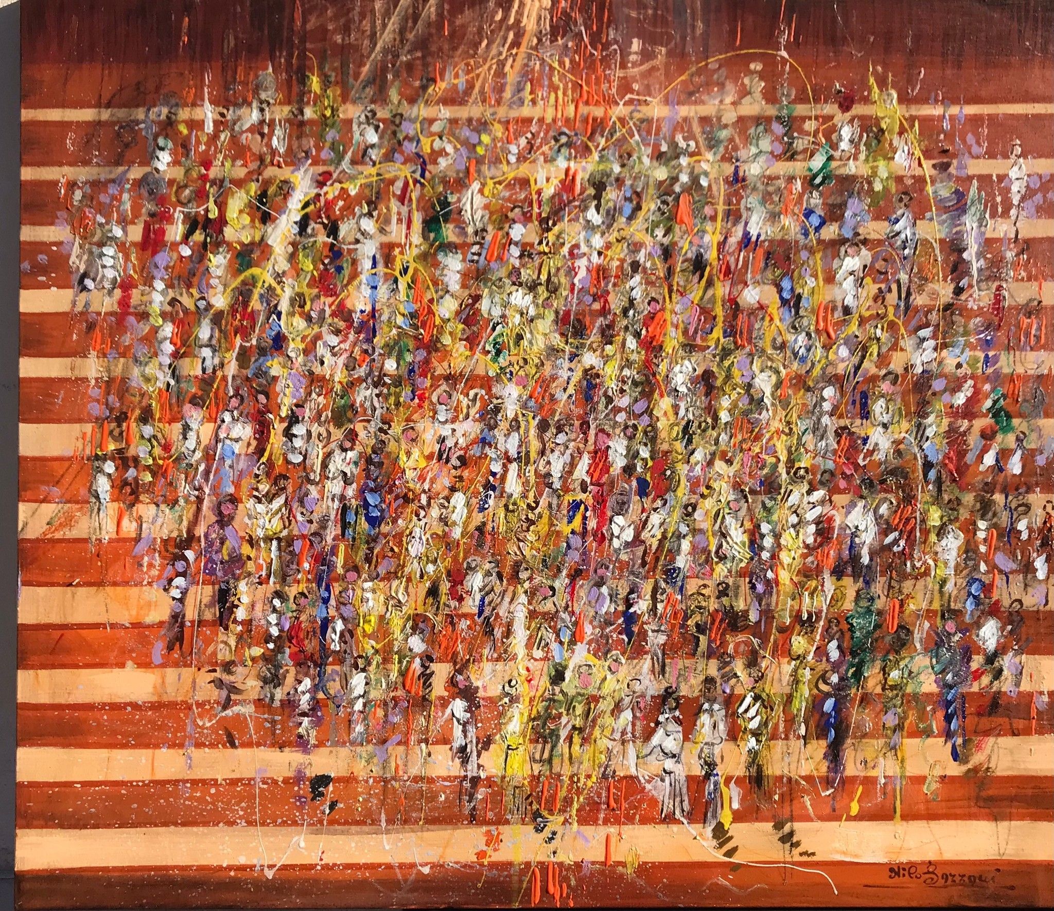 MIXED MEDIA SU TELA  NILO  BAZZANI ' TUTTI CORRONO '  dimensioni L 70 x H 60 cm.