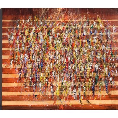 MIXED MEDIA SU TELA NILO BAZZANI ' TUTTI CORRONO ' dimensioni L 70 x H 60 cm.