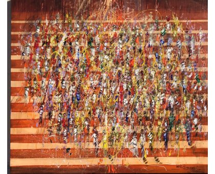 MIXED MEDIA SU TELA NILO BAZZANI ' TUTTI CORRONO ' dimensioni L 70 x H 60 cm.