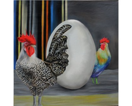 OLIO SU TELA GIUSI VELLONI ' TONY E RAMON ' dimensioni L 120 x H 120 cm.